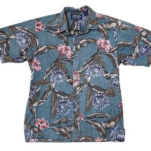 The Ono Shirt by Liberty House Blue Brown Floral Reverse Print Hawaiian Shirt L